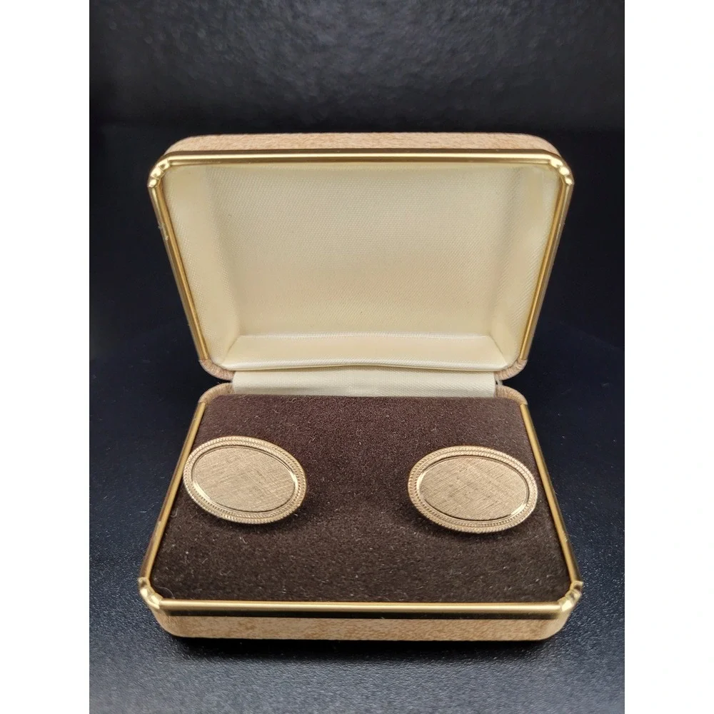 Gold Tone Oval Textured Brushed Center Rope Border Cufflinks with Box